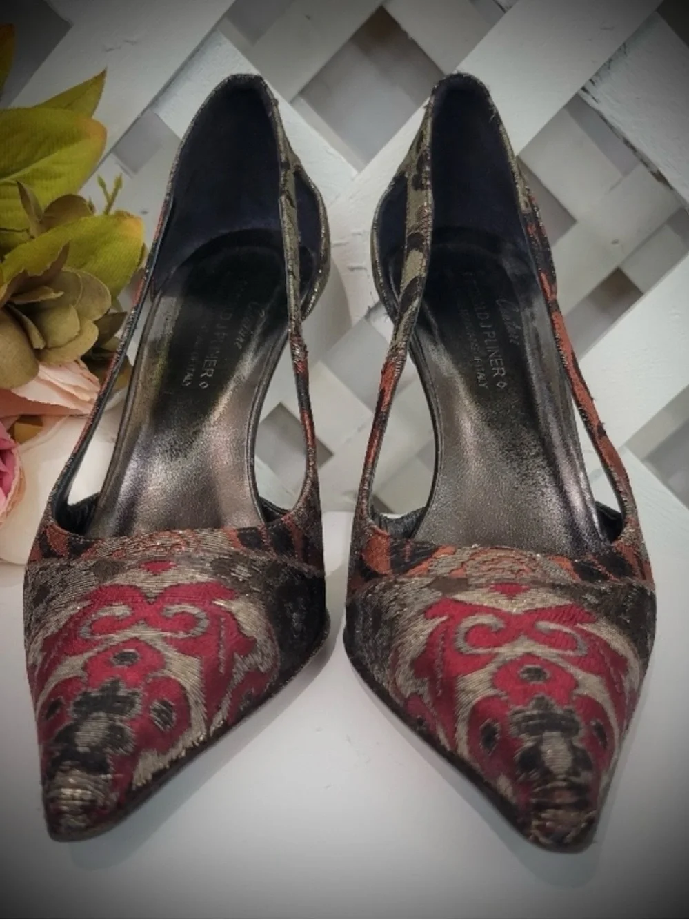 Couture Donald J. Pliner Coda Jacquard Tapestry Pointed-Toe Luxury Heels - Picture 1 of 6